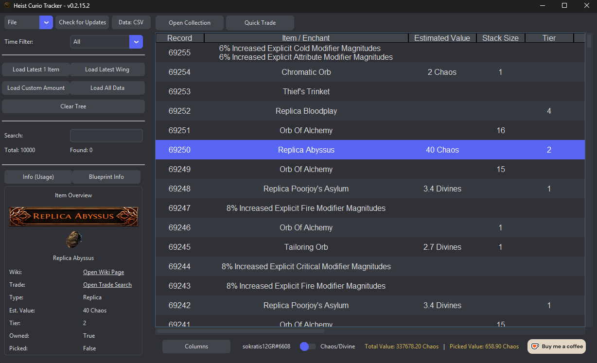 Curio Tracker application interface